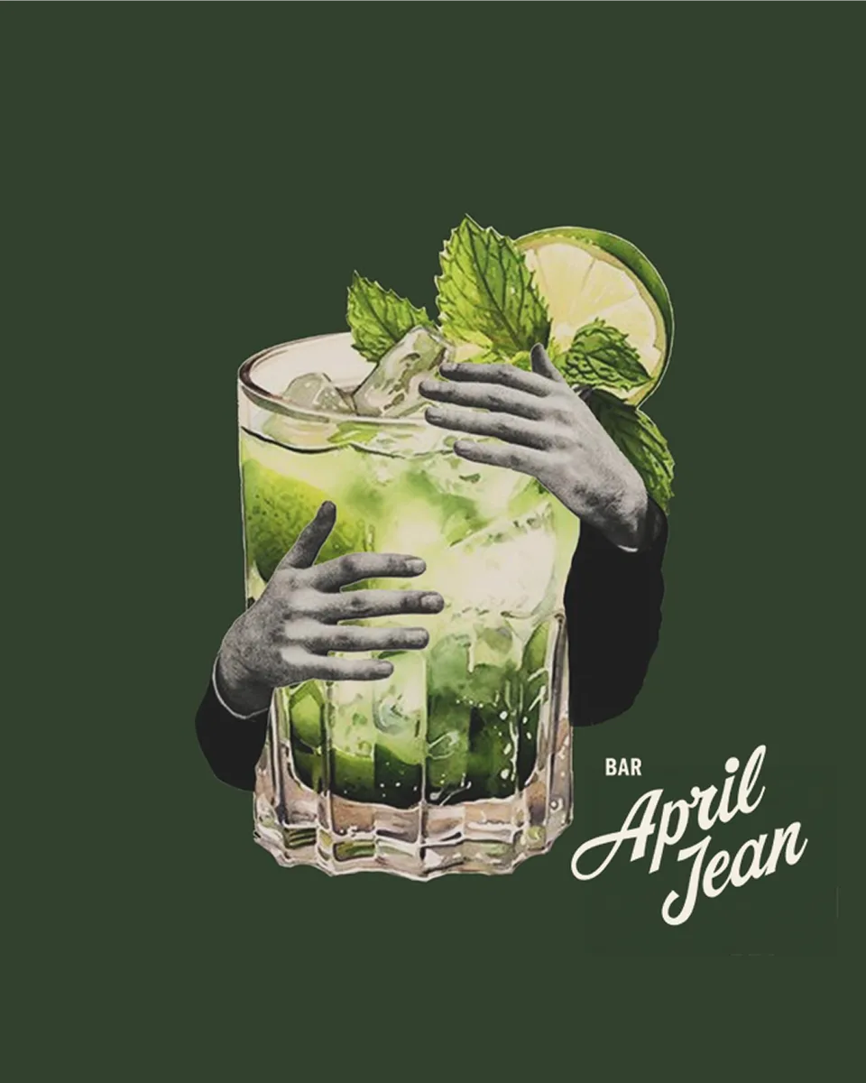 Collage illustration of a hand holding a tall mint cocktail on a dark green ground, with the April Jean wordmark.