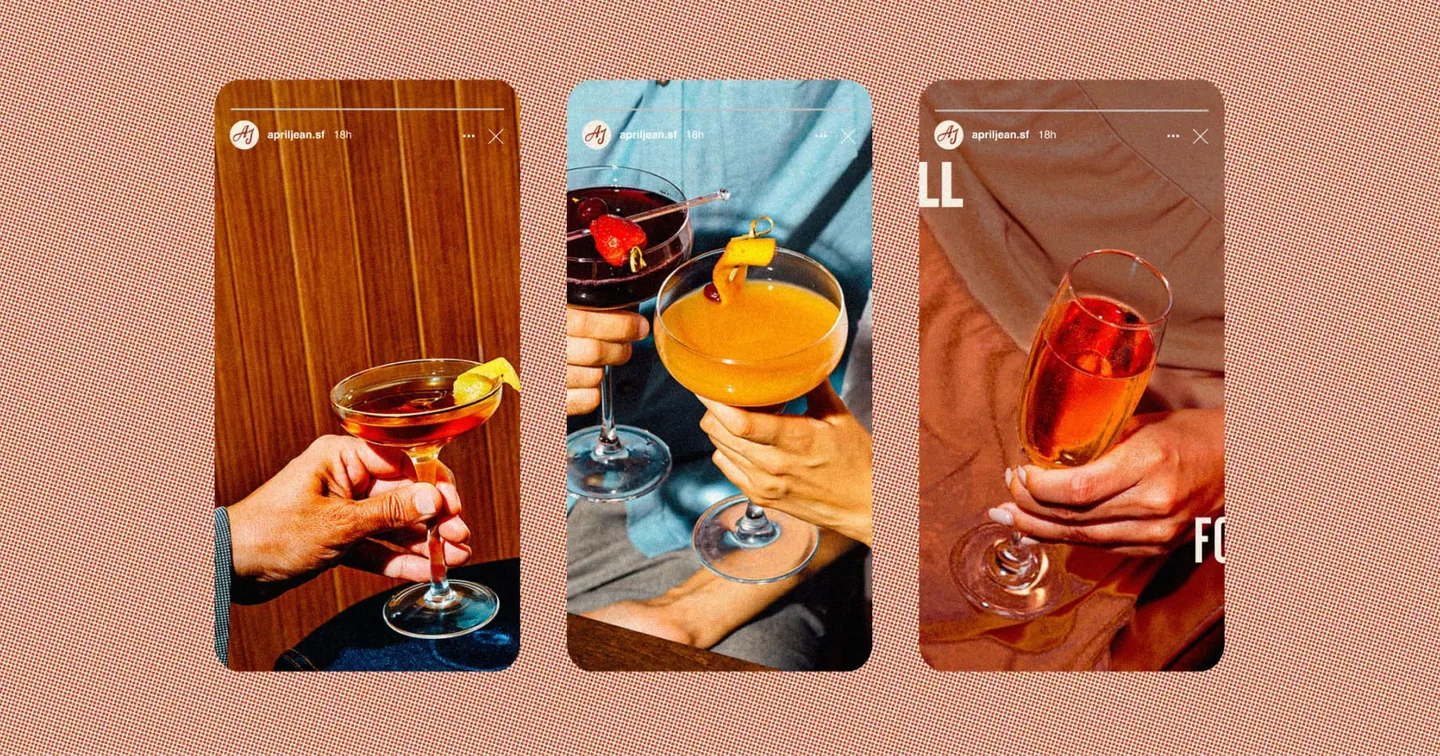 Three phone screens showing hands holding cocktails in red, orange, and amber on a pink patterned ground.