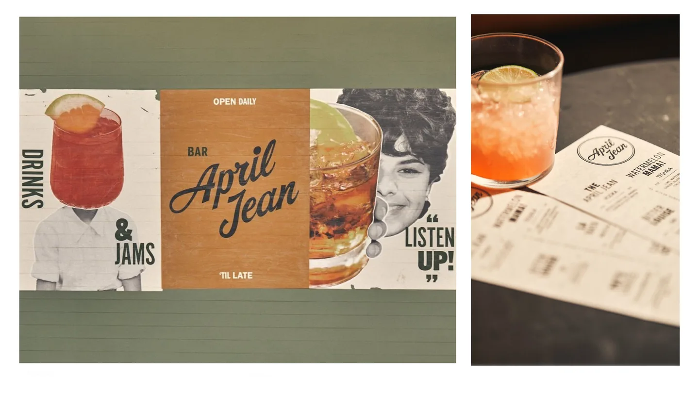 A printed menu and a collage poster with cocktail imagery and the April Jean wordmark.