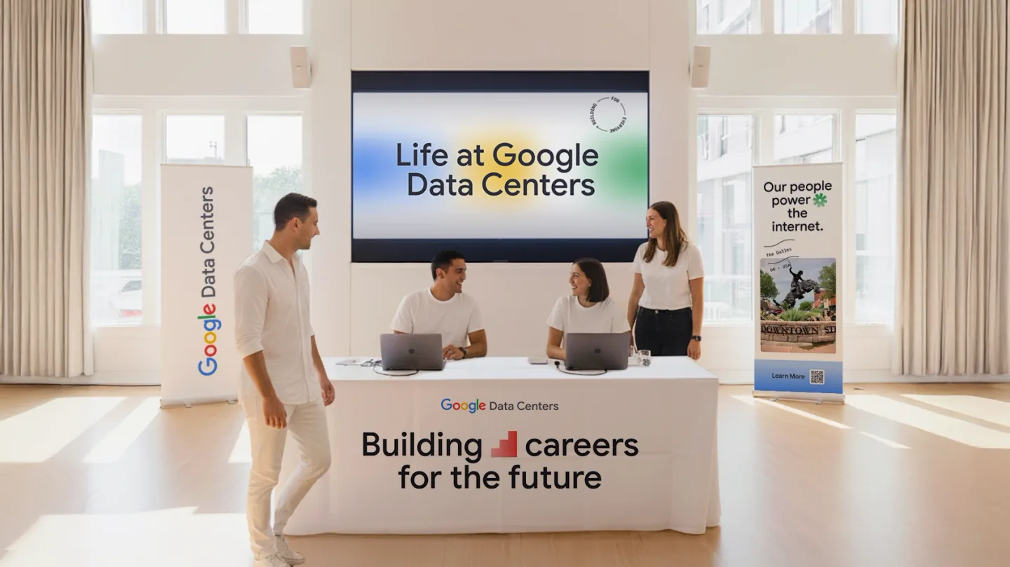 The brand language extends into an event and recruitment setting.