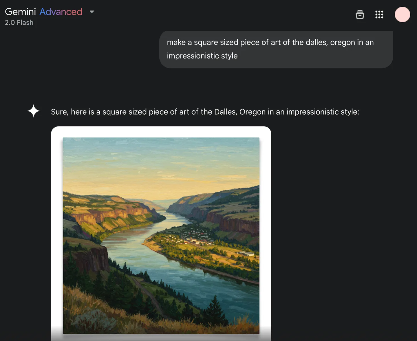 Screenshot of a Gemini chat producing a painterly image of a river gorge and small town, used as a process reference.