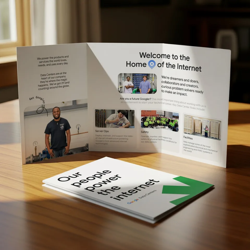 A folded recruitment brochure standing on a wooden table, open to a welcome spread, with a cover reading Our people power the internet.