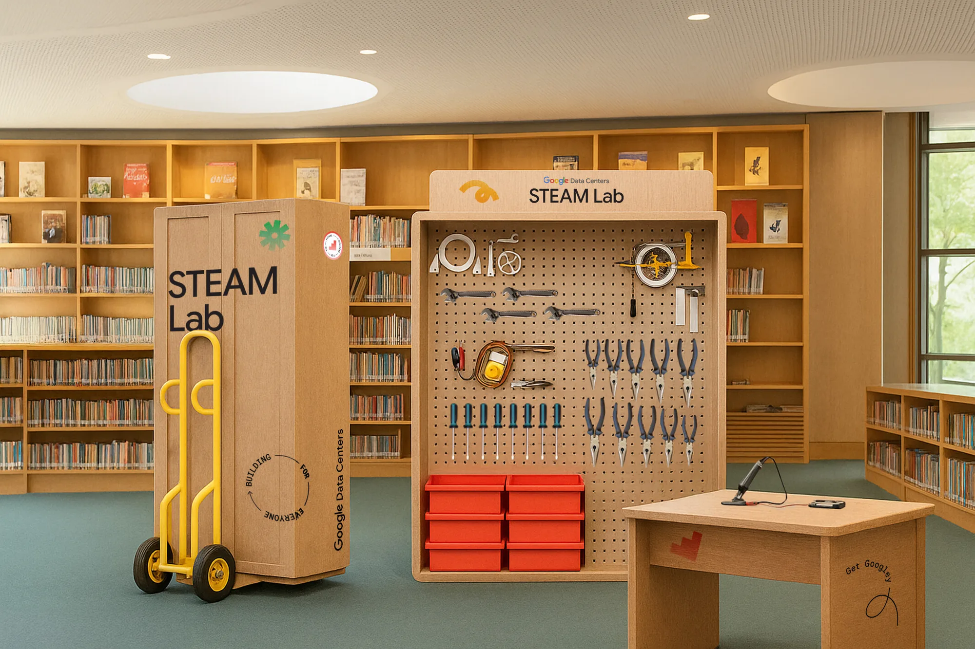 Visualization of a STEAM Lab kit in a library: a pegboard wall of hand tools with red bins, a crate on a yellow hand truck and a small timber work table.