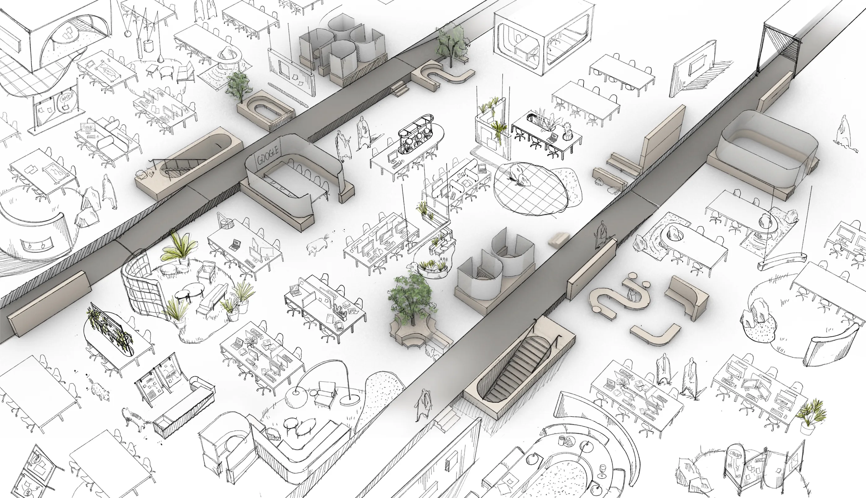 Hand-drawn axonometric of an open office floor with furniture, enclosed rooms and a central circulation spine.