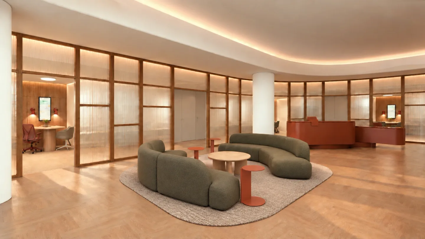 Upper-level lounge: shared seating and planted edges, concept render.