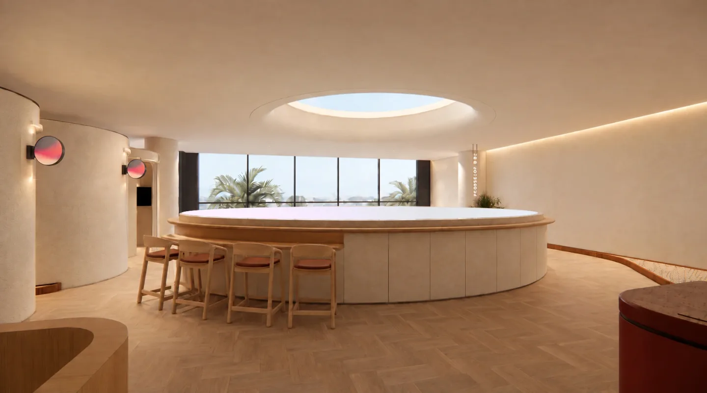 Upper-level forum: shared seating beneath an oculus, concept render.