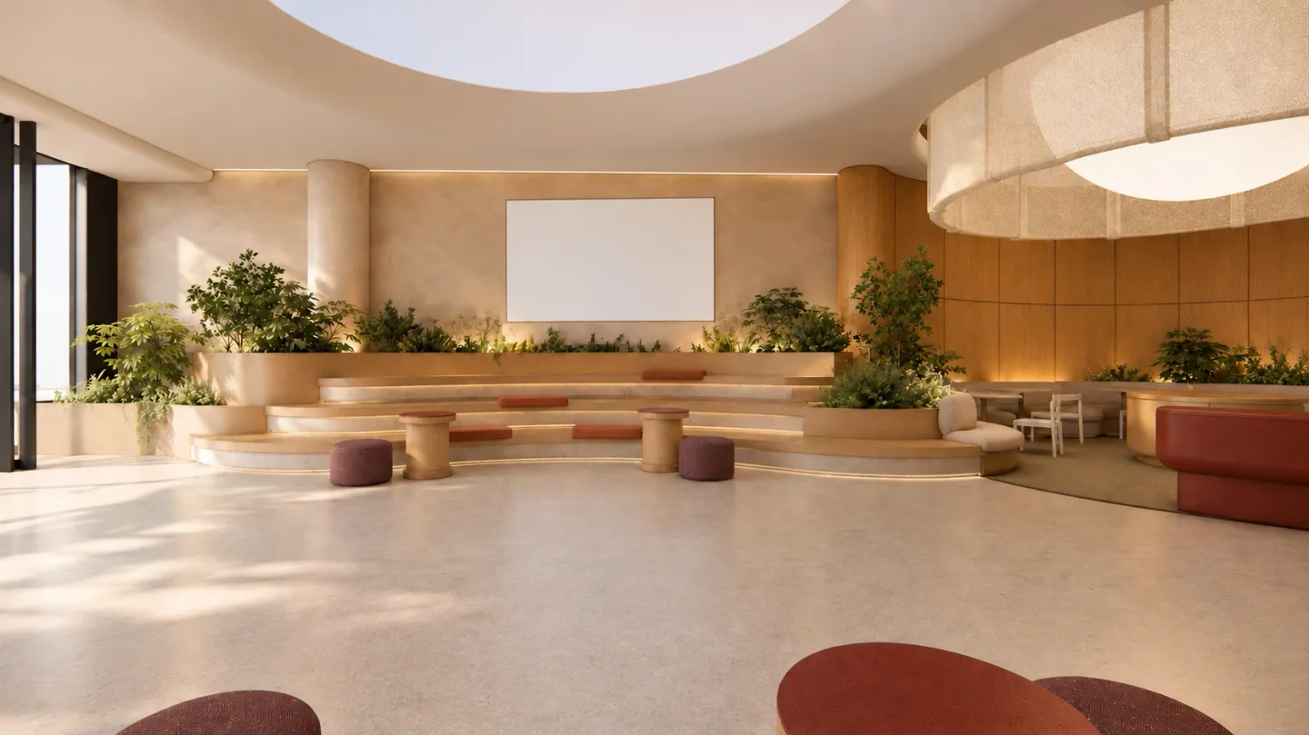 Santa Monica Forum: a gathering setting and shared screen, concept render.