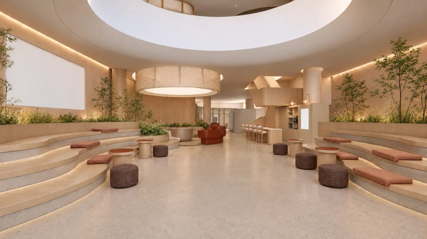 Santa Monica Forum: entry and gathering, concept render.