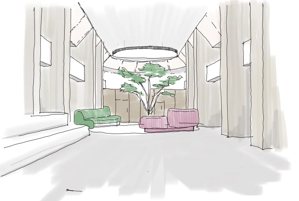 Hand-drawn interior study with a circular ceiling light, central tree, steps and curved seating.
