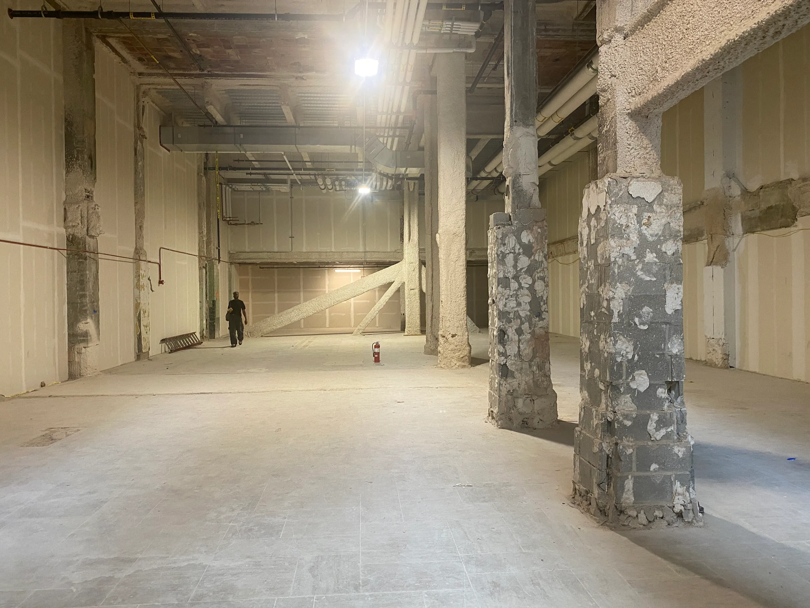 Wide, unfinished interior with large damaged columns, exposed ceiling structure and a person walking in the distance.