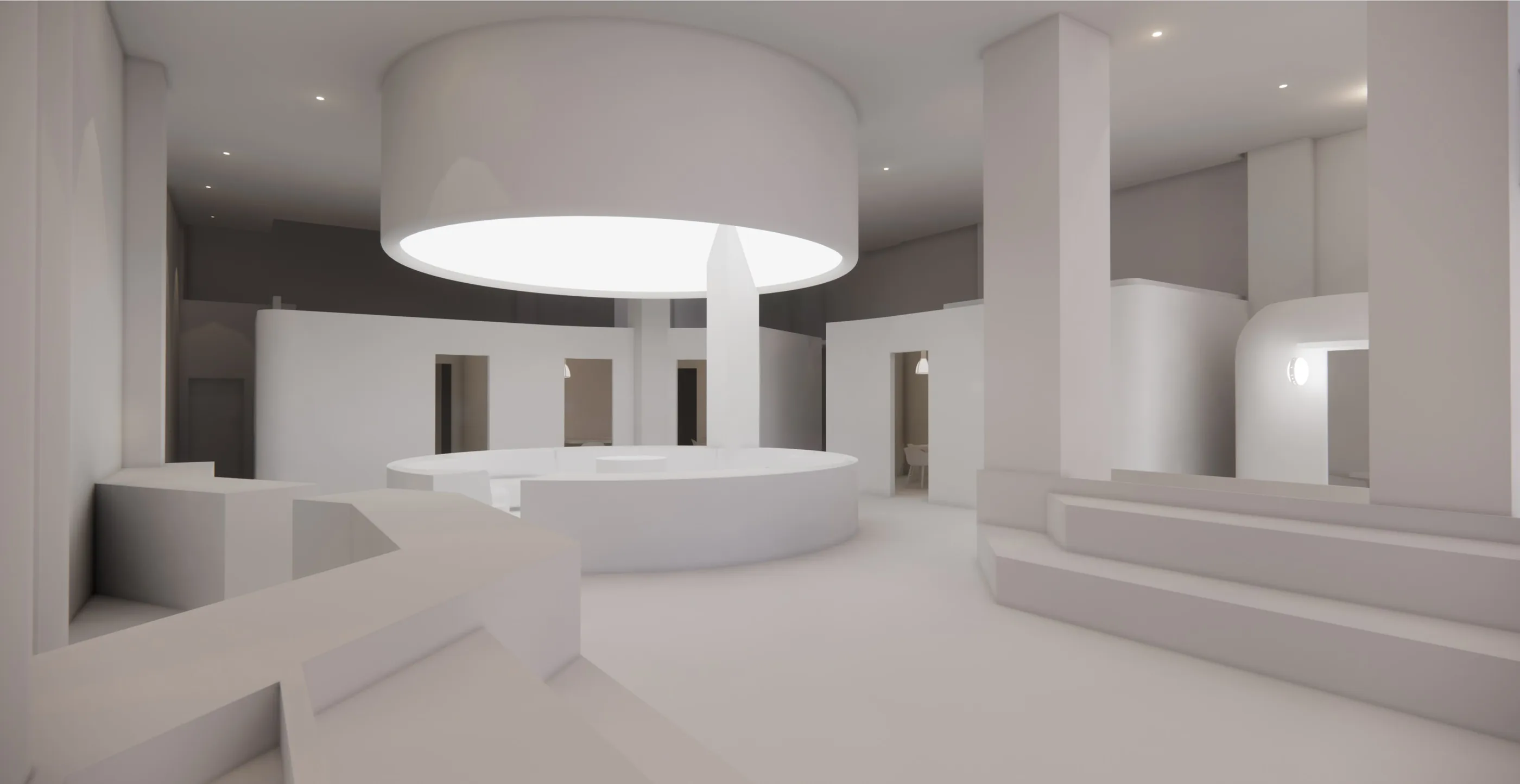 Line-rendered study of tiered seating and sofas beneath a large circular opening in the ceiling.