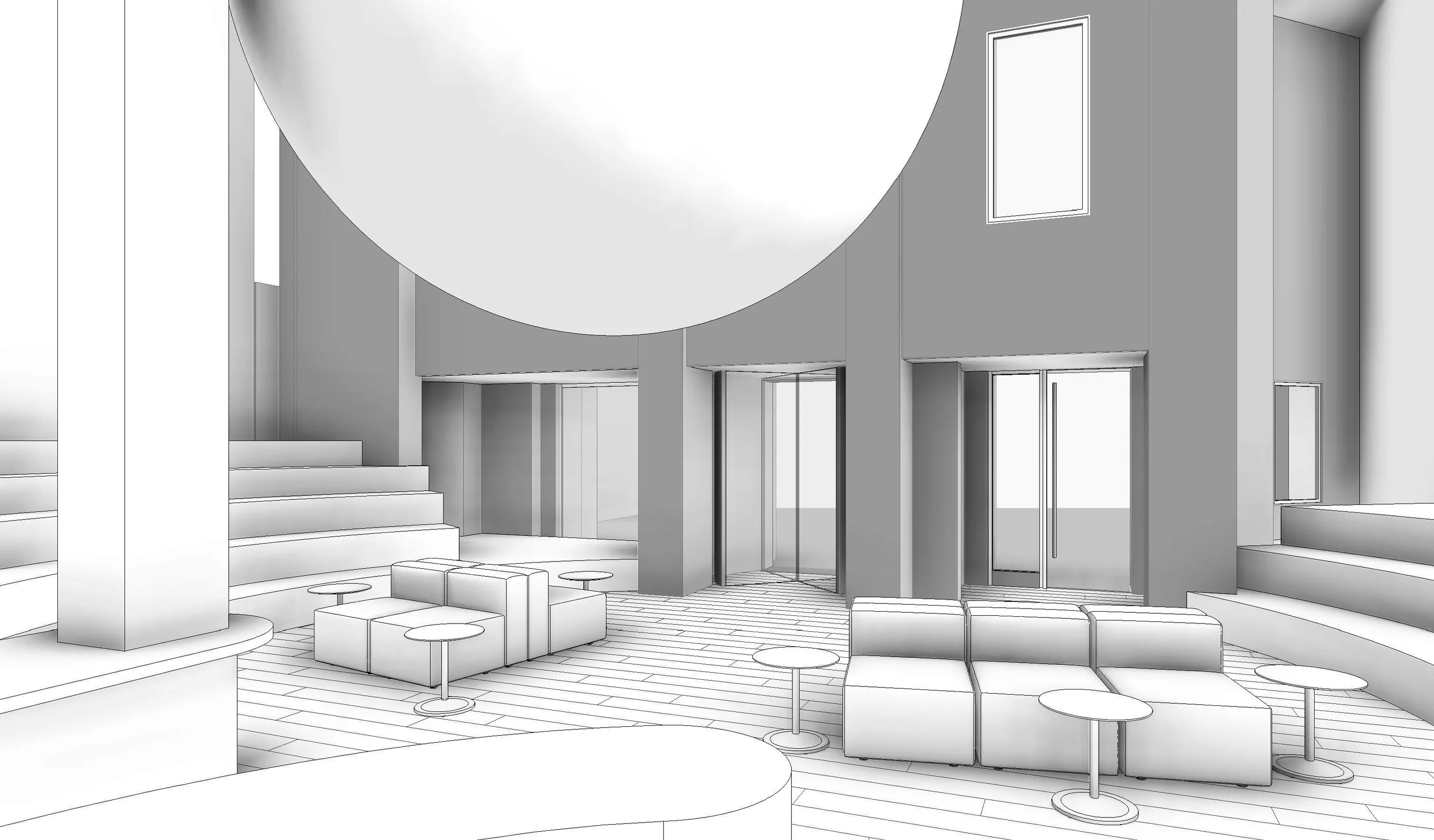 Grey massing model of an open space with a circular counter beneath a round skylight and stepped seating.