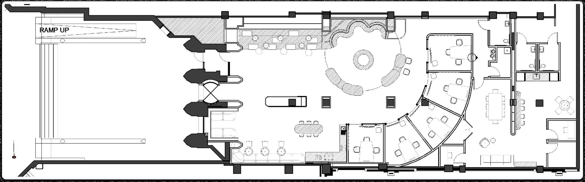 Architectural floor plan of a long retail space with a courtyard, curved seating, and private rooms.
