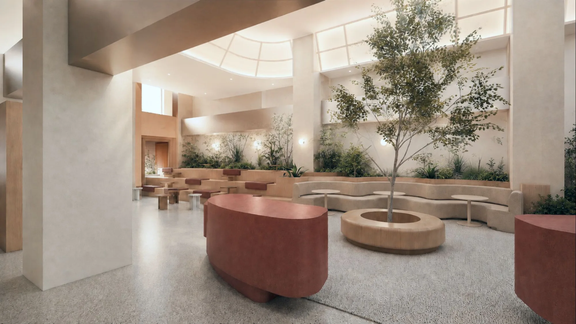 Rendered interior with a curved oxblood counter, stepped seating around a tree, and a skylight above.