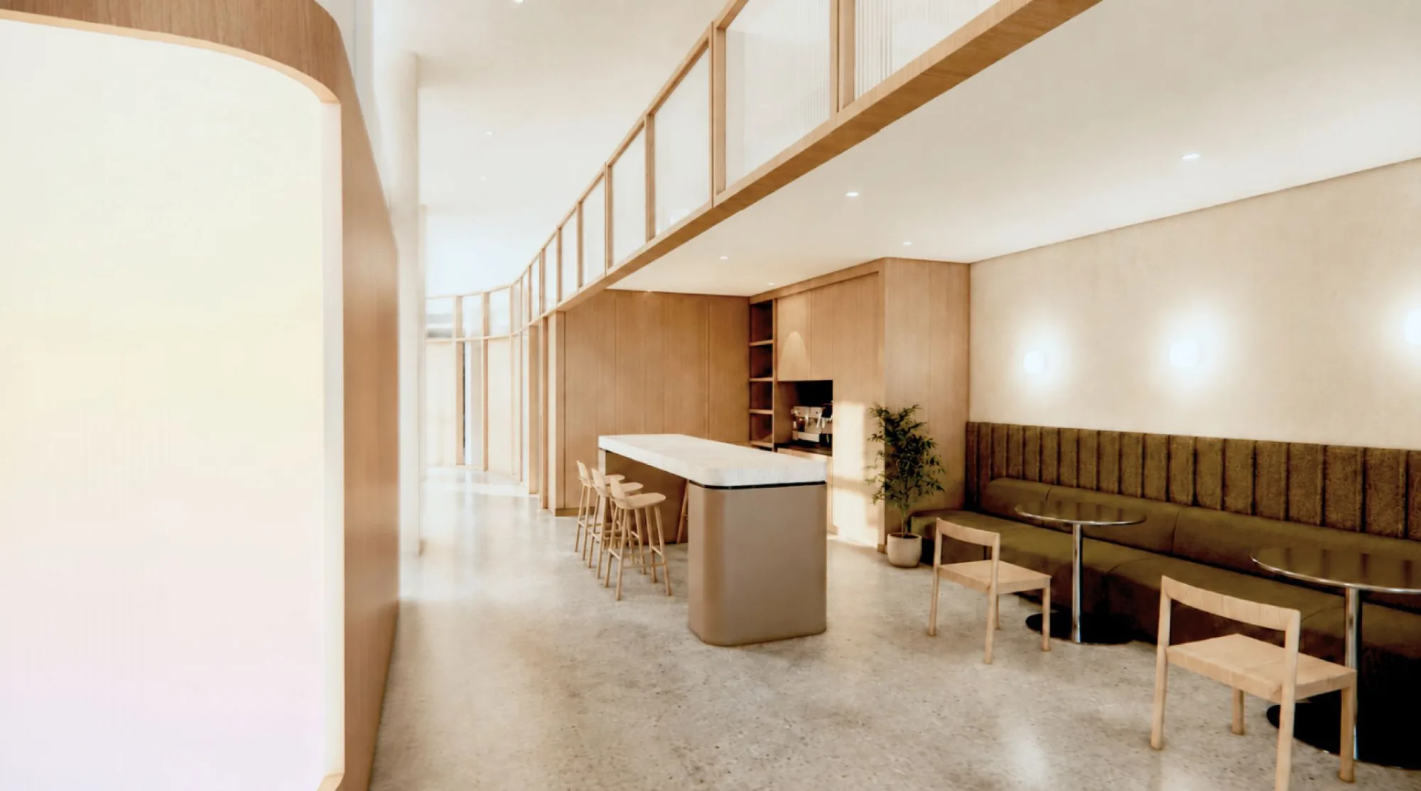 Rendered interior with a counter, stools, a long banquette, timber framing, and a glowing panel.