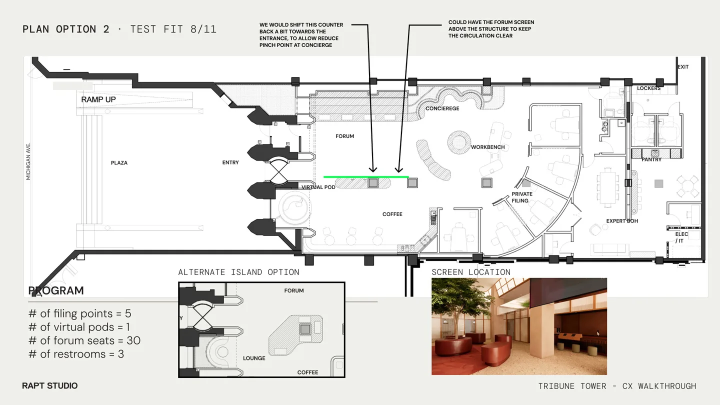 Annotated plan of the Chicago space showing forum, concierge, workbench and private rooms, with a small interior reference image.