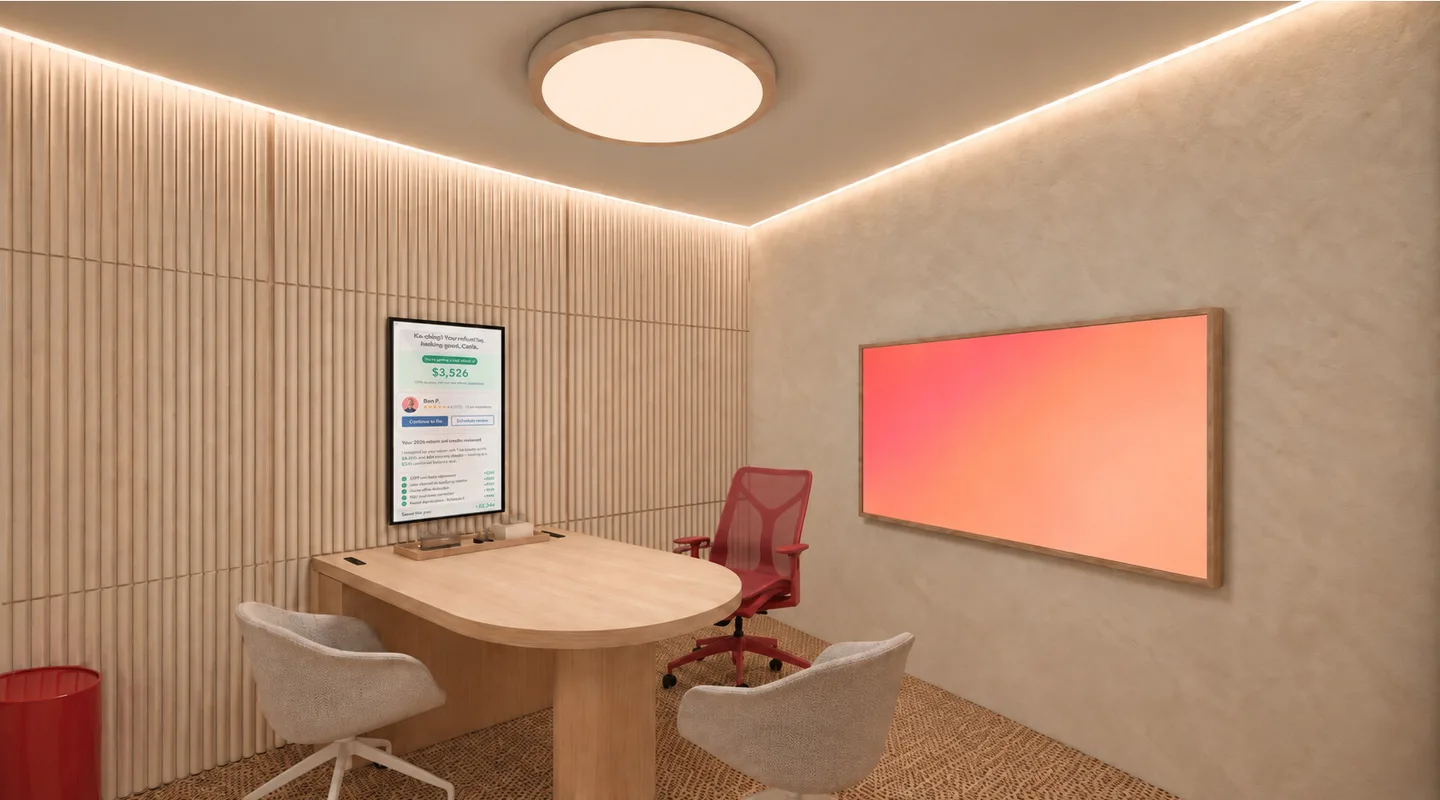 Rendered consultation room with an oval timber table, task chairs, a screen and a coral wall display under a ceiling light.