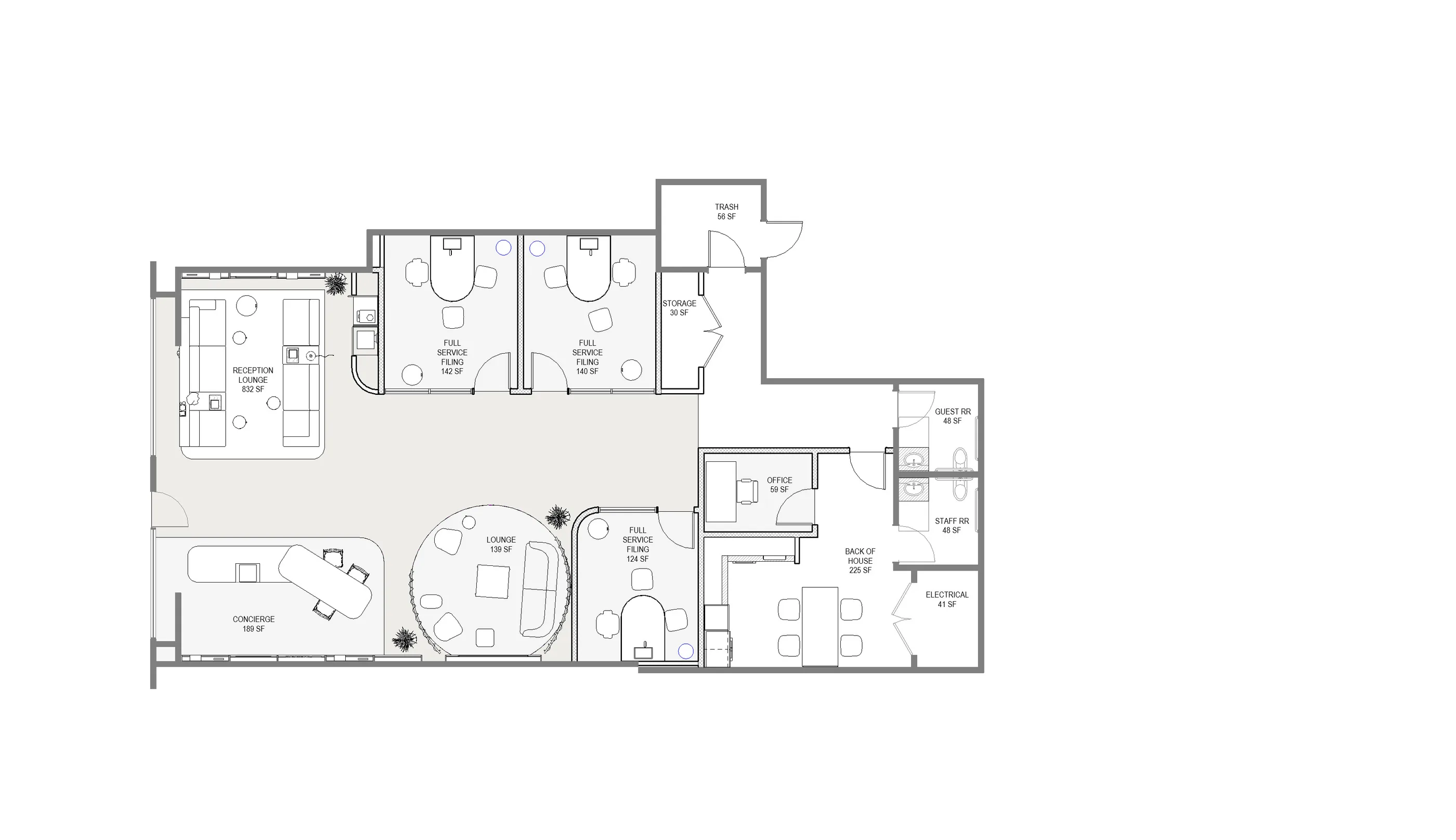 Floor plan of a retail store with a round forum area, consultation rooms and back of house.