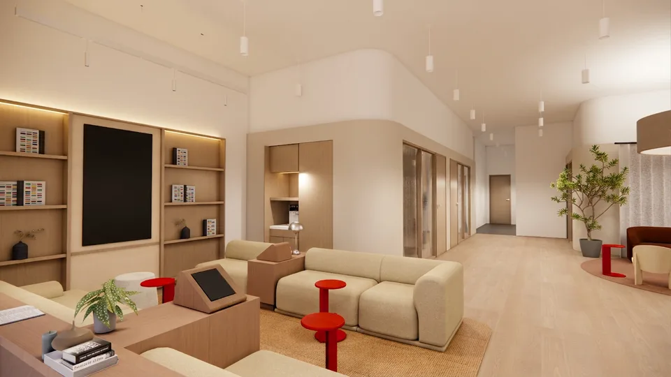 Rendered retail lounge with cream sofas, red side tables, tablets on stands, timber shelving and a planted corner.