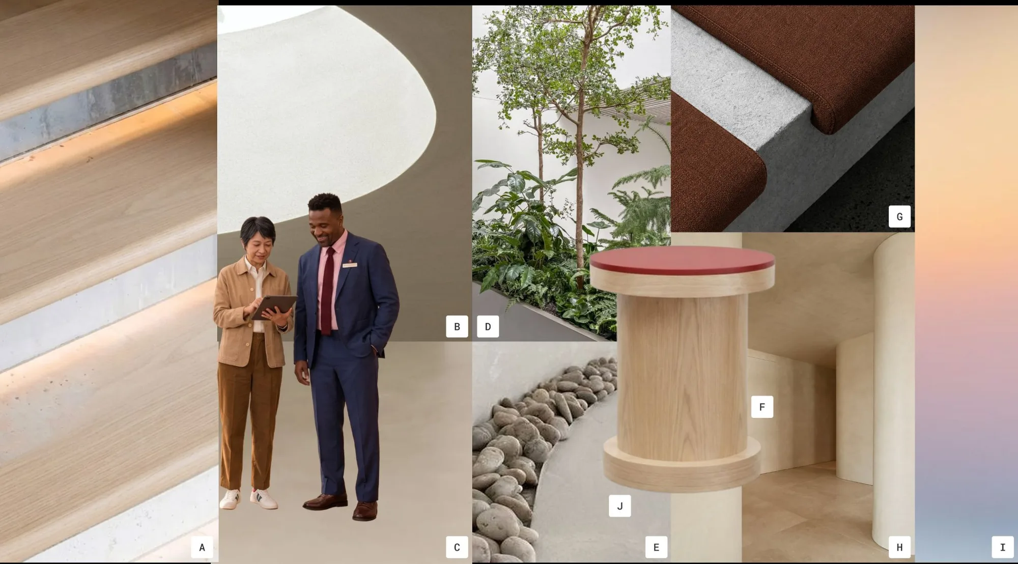 Collage of material samples including plaster, oak, stones, a red stool, and a pink to blue gradient.