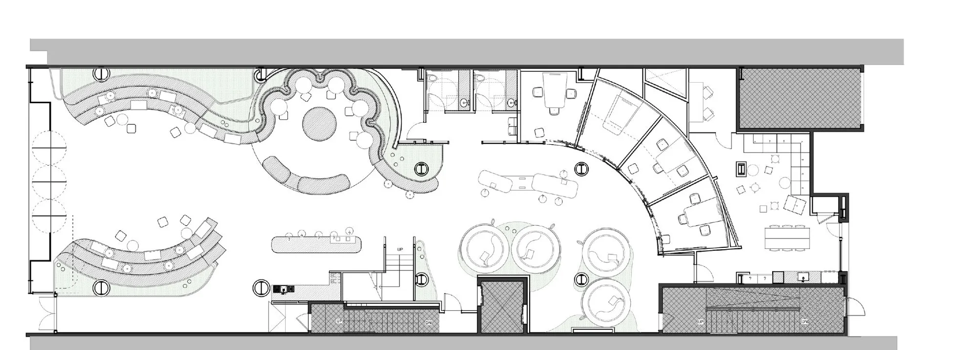 Architectural floor plan of a long narrow retail space with a round lounge, curved rooms, and a bar.
