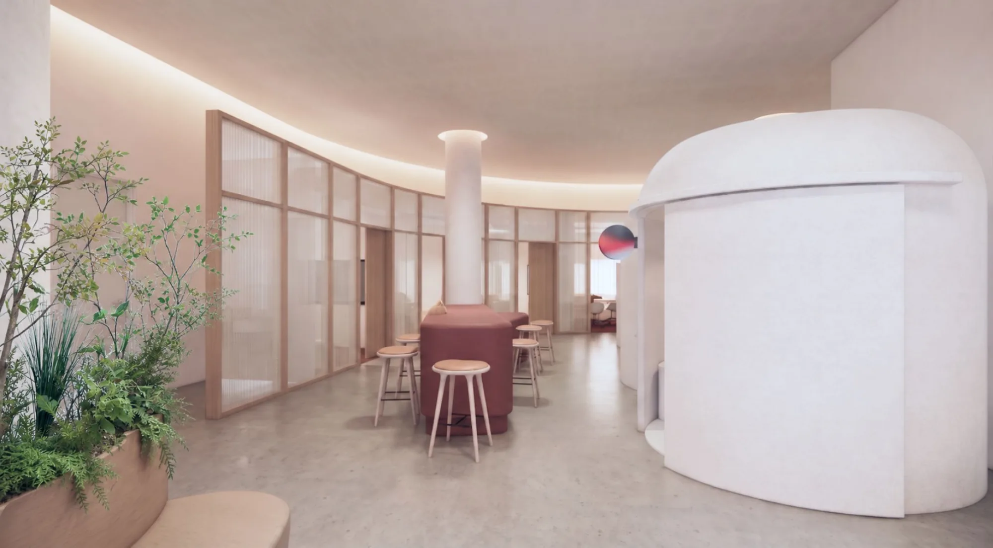 Rendered interior with white curved pod rooms, a red table with stools, planted beds, and translucent partitions.