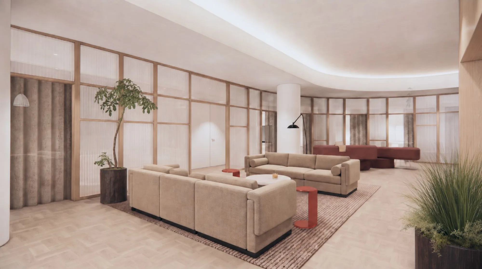 Rendered lounge with two sofas, a low table, a tree in a planter, and framed glass partitions.