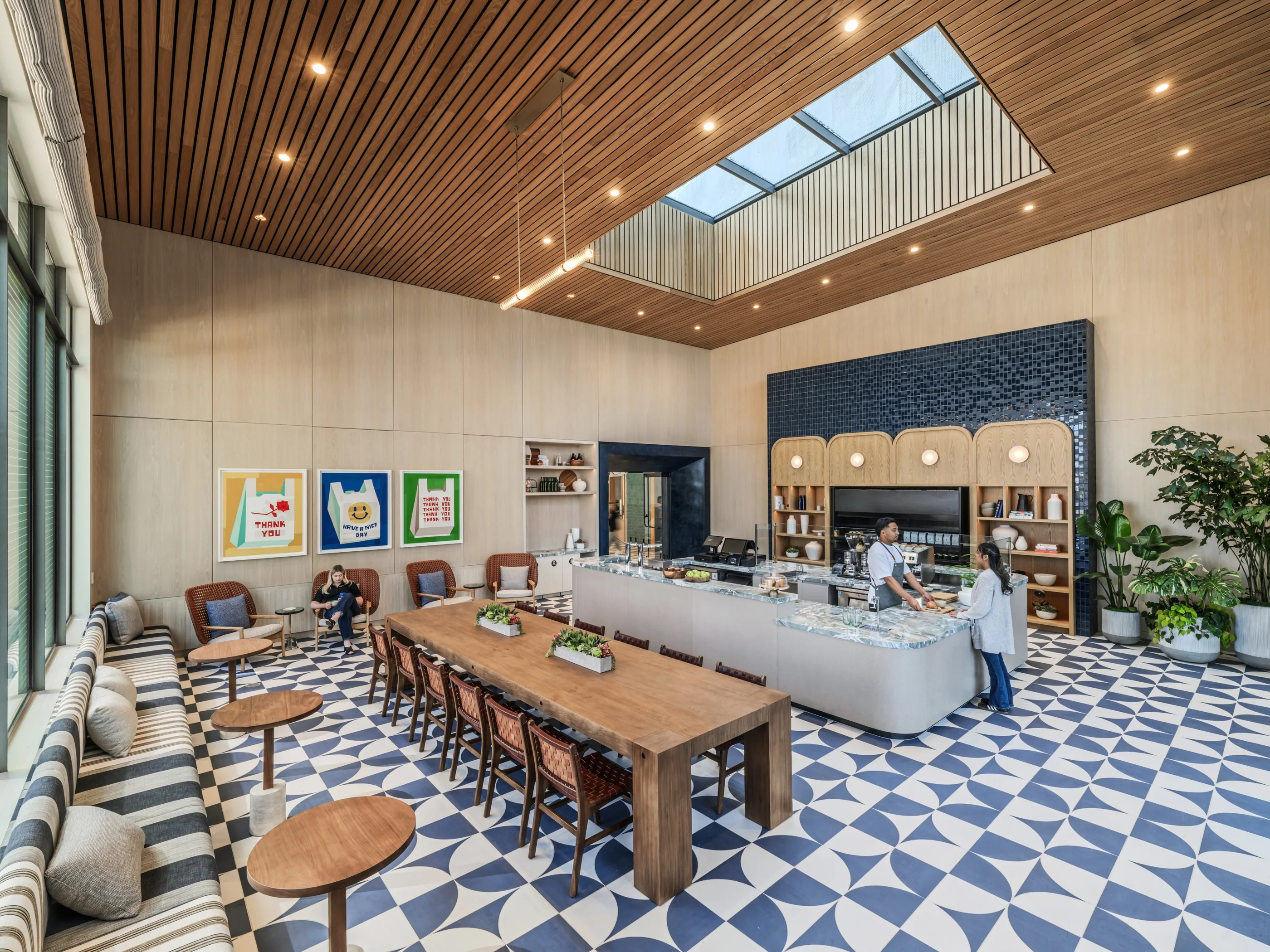 The food hall: communal dining beneath the timber roof.