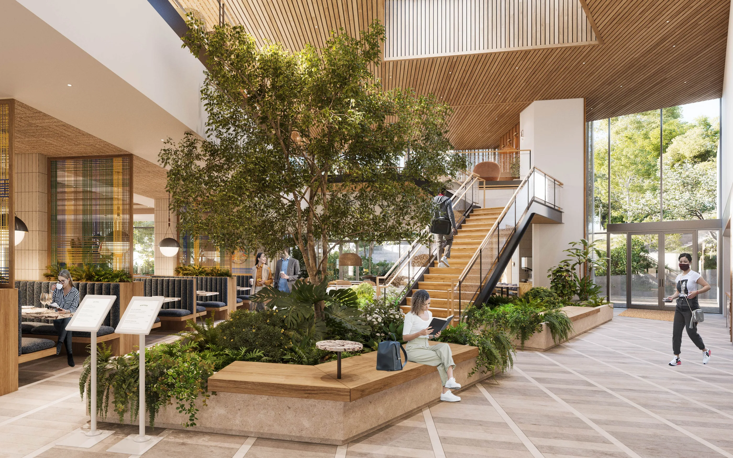 Rendered double-height food hall with a tree in a planted bed, a stair, timber ceiling, and people at tables.