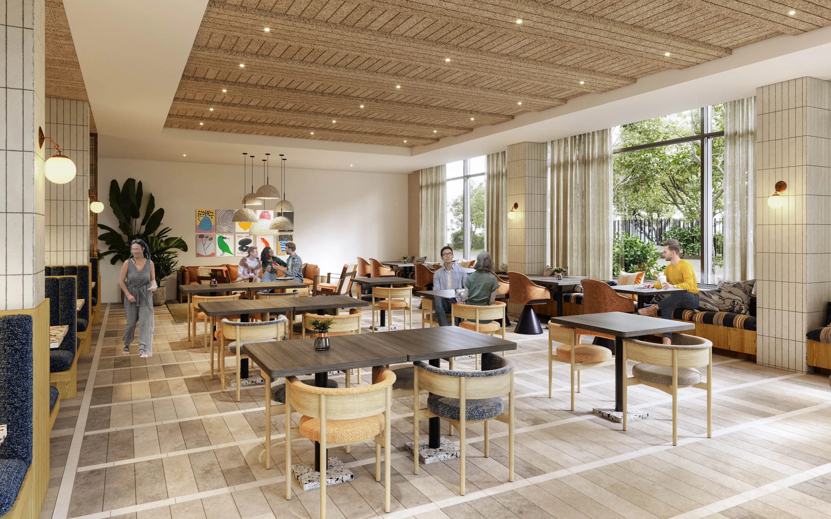 Rendered dining room with long tables, pendant lights, tall windows, and a textured ceiling.