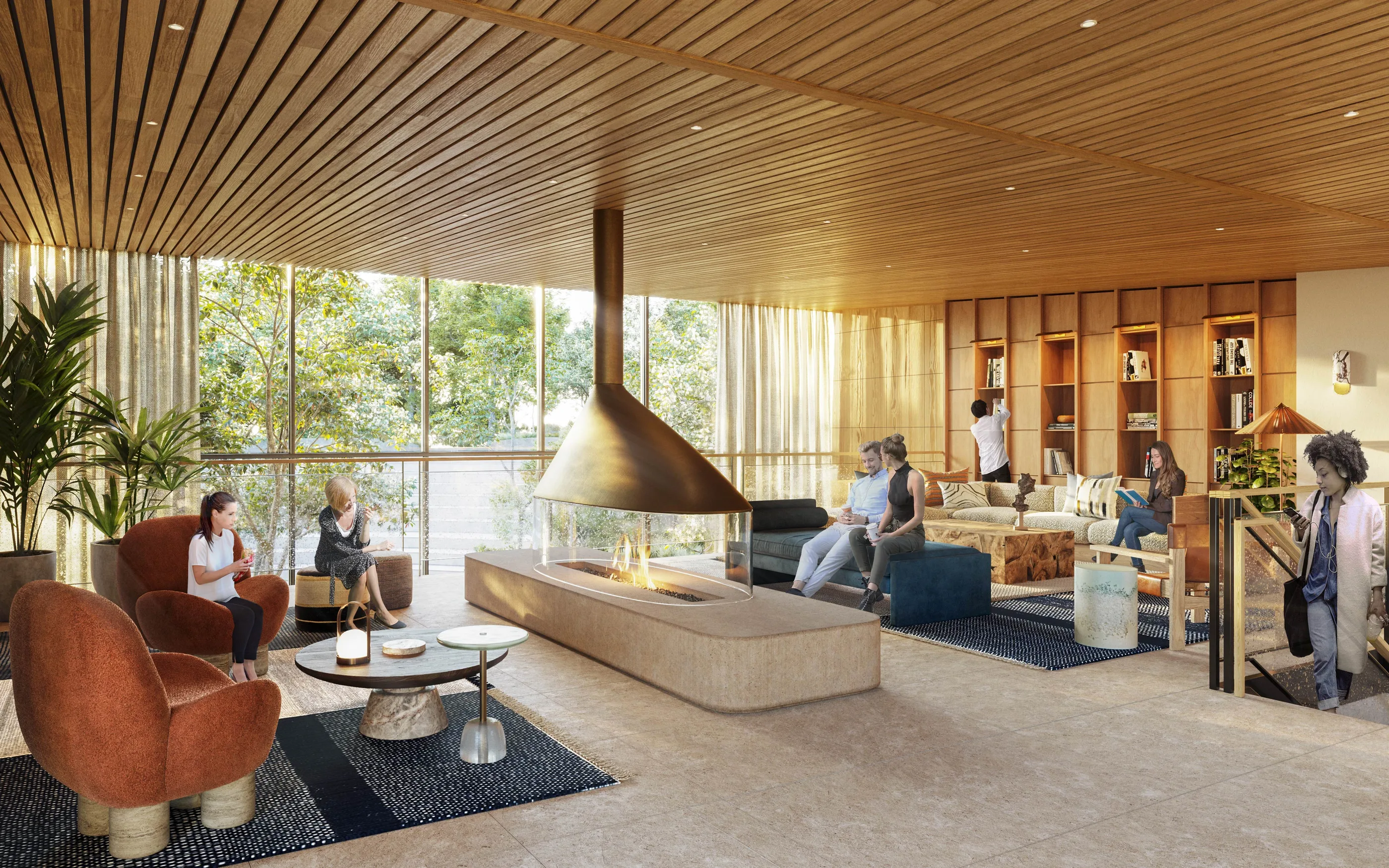 Rendered lounge with a suspended conical fireplace, armchairs, a sofa, and floor-to-ceiling windows.