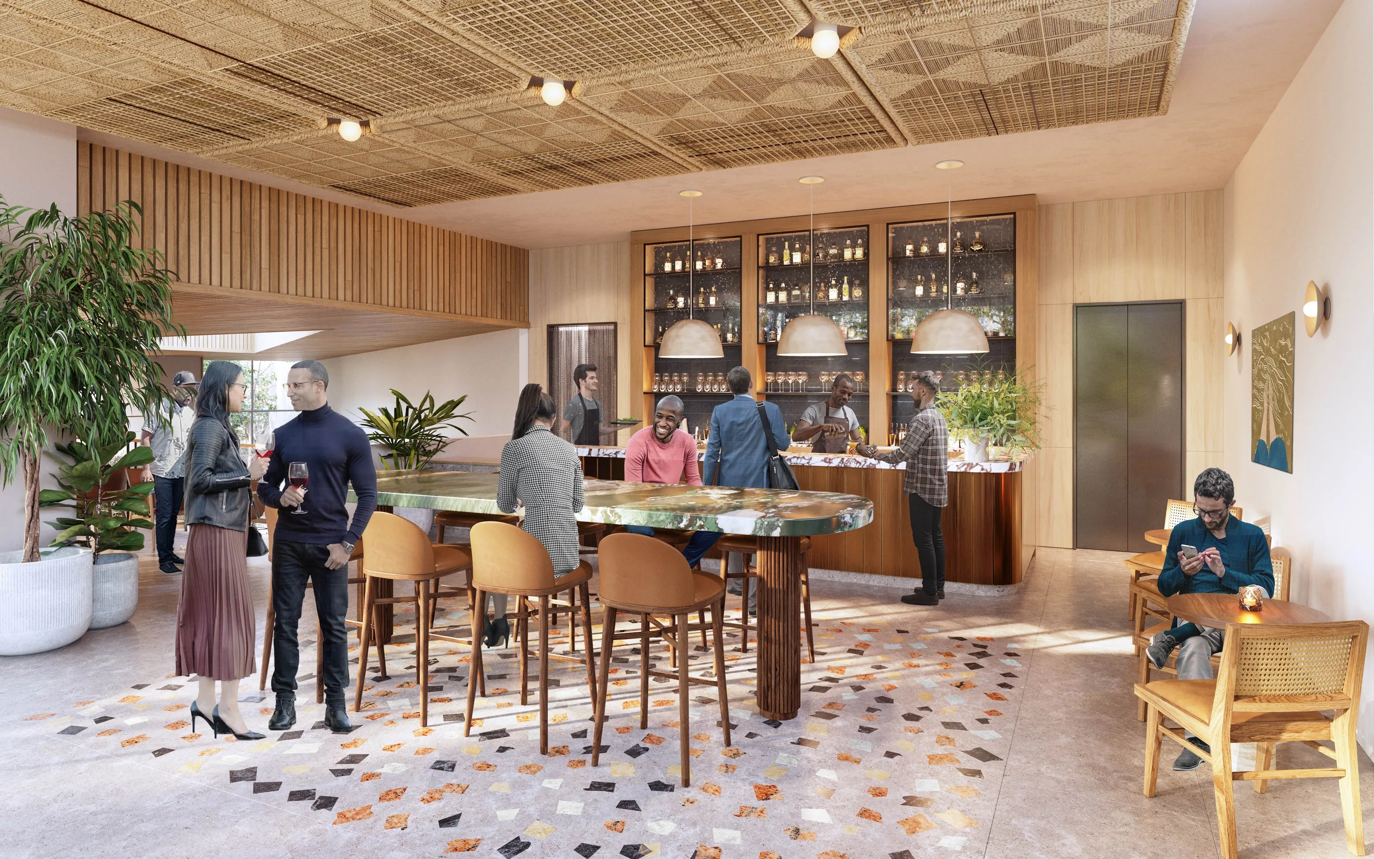 Rendered bar with brass and marble, pendant lamps, stools, and people gathered in conversation.