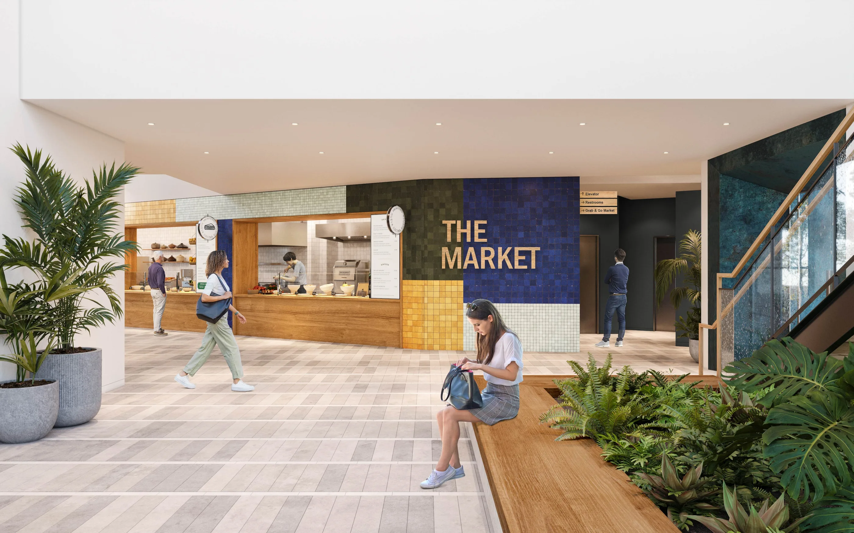 Rendered entry with a market counter under a sign reading The Market, planted beds, and people walking through.