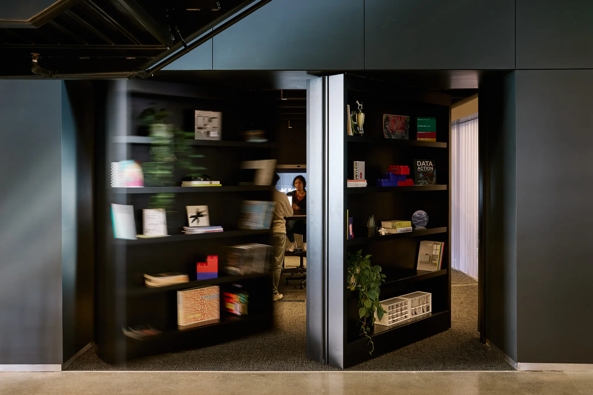 A black doorway flanked by shelves holding books, plants, and objects.
