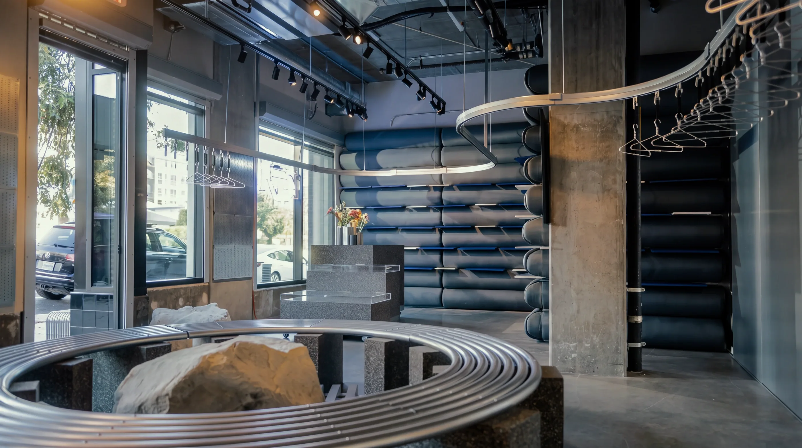 Store design study: the bench, shelving and material expression.