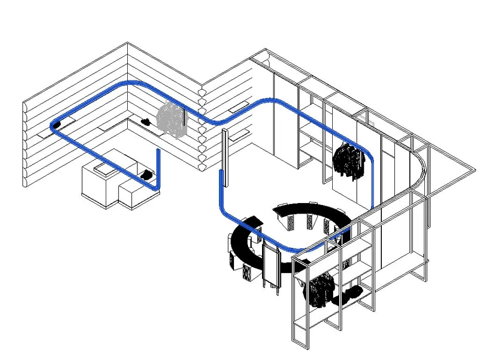 Line-drawn axonometric of a store with shelving along the walls and a blue line marking the bench loop around a central form.