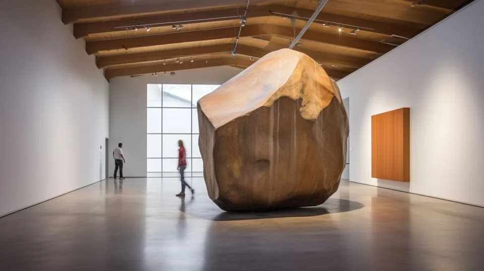 A very large boulder standing in a white gallery with timber ceiling and two people beside it.