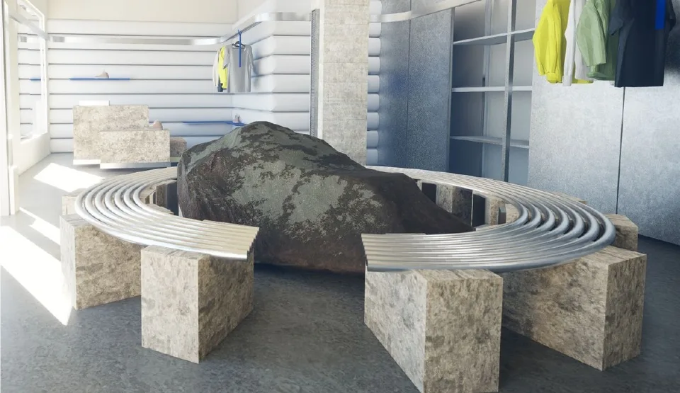 Rendered close view of a curved bench made of stone blocks and polished metal rails around a boulder.