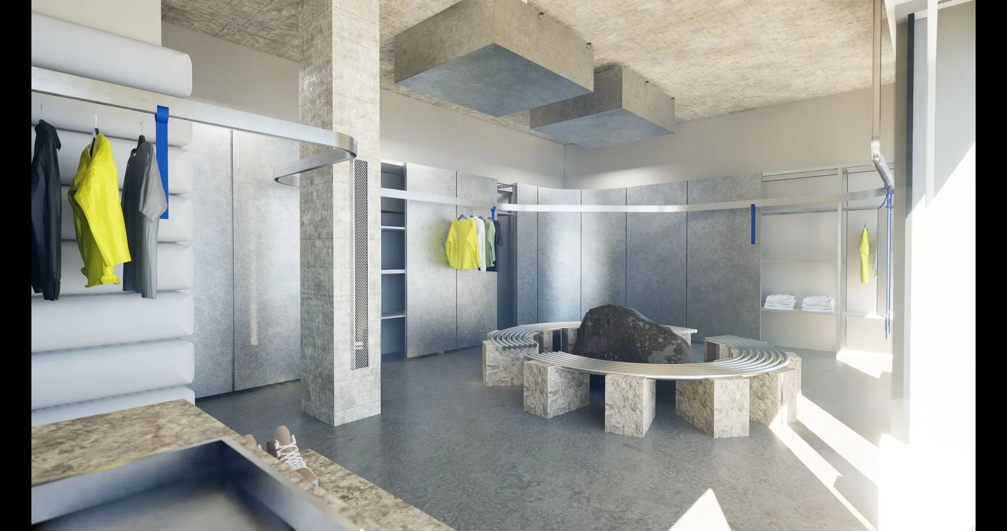 Rendered store interior with a large boulder in the center, quilted pale walls with shelves, hanging garments, and stone block seating.