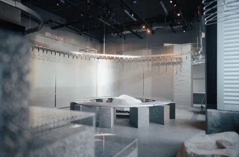Rendered store interior with a circular bench at center, brushed metal walls and a hanging apparel rail.