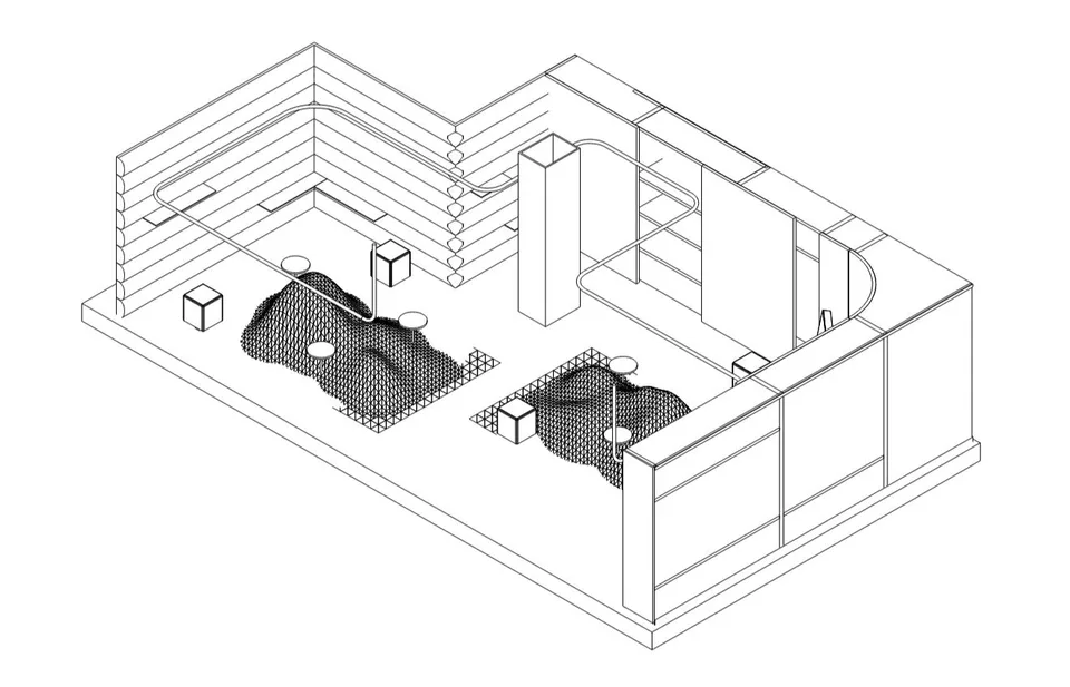 Axonometric line drawing of a store with hatched mound forms on the floor and shelving on the walls.