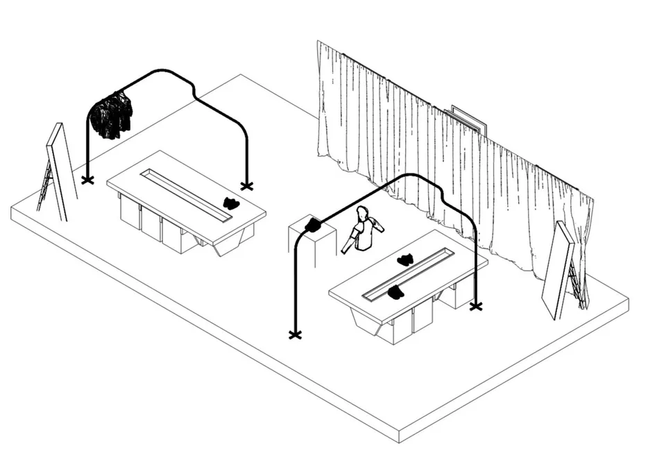 Axonometric line drawing of a sparse store with two tables, arched lamps, and a curtain along one side.