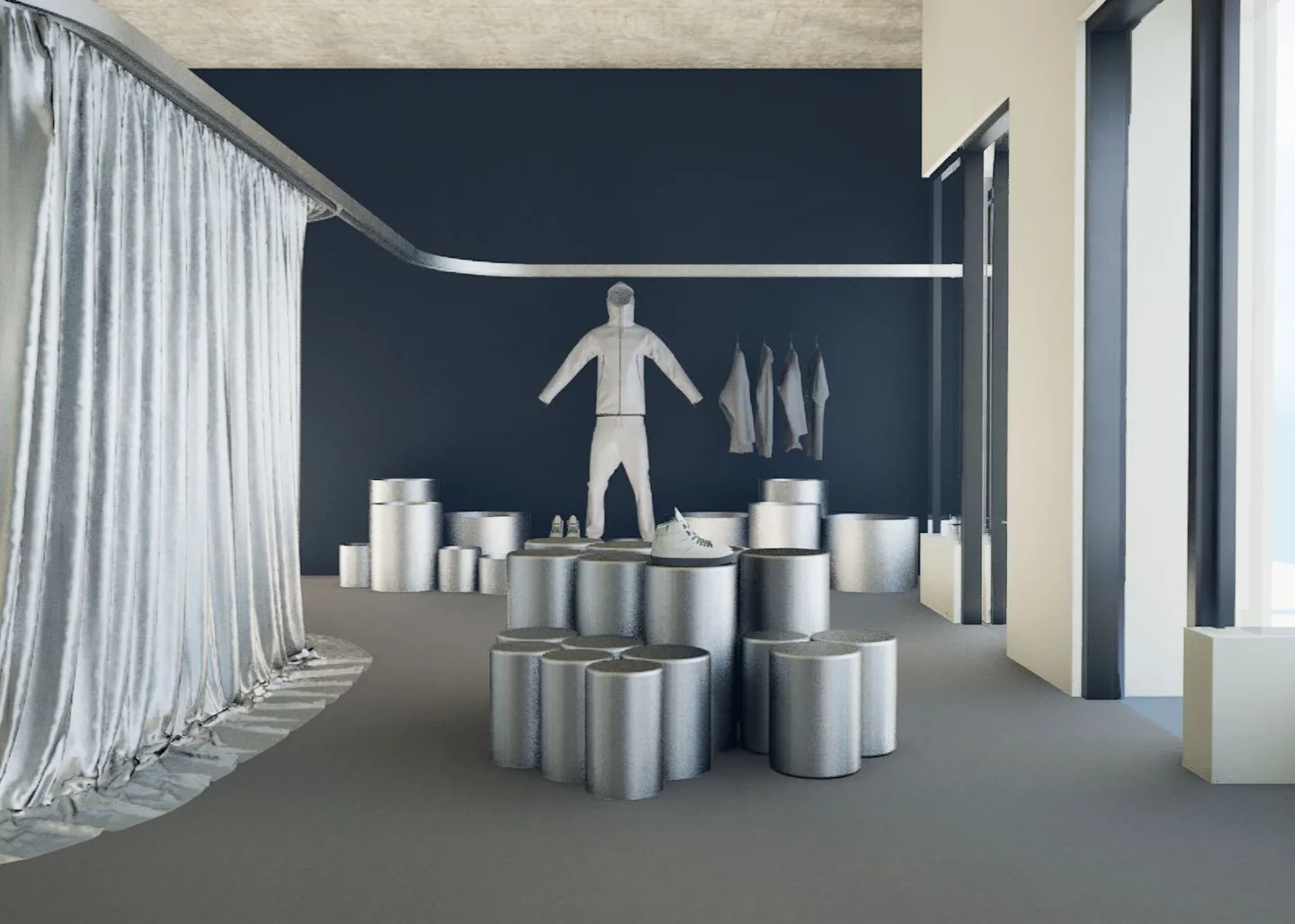 Rendered store with a long curtain on a curved ceiling track, a mannequin, and clustered cylinder stools.
