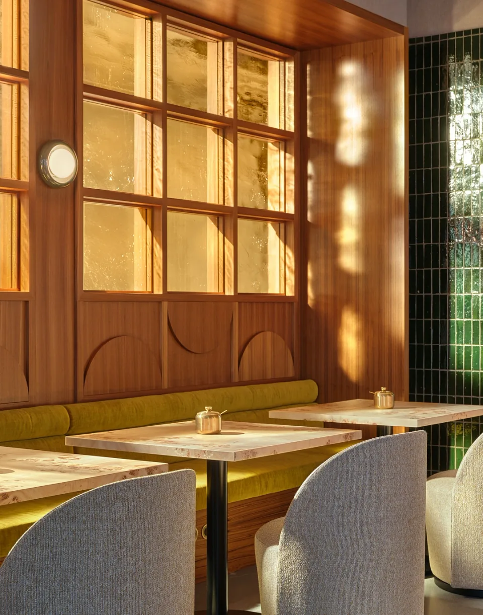 Bellevue: a cafe detail in warm timber and daylight.