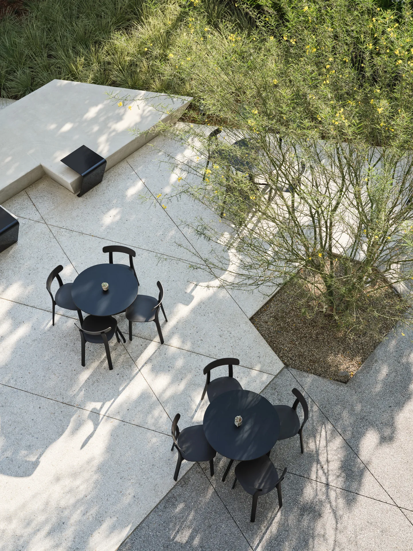 View from above of round black tables and chairs on pale paving beside a planted bed.