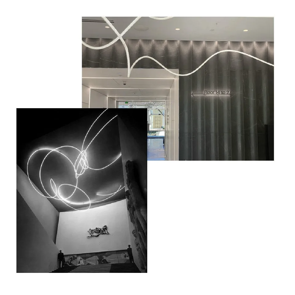 Two images: a lobby with a white light line over dark panelling, and a black-and-white room with a looping light drawing.