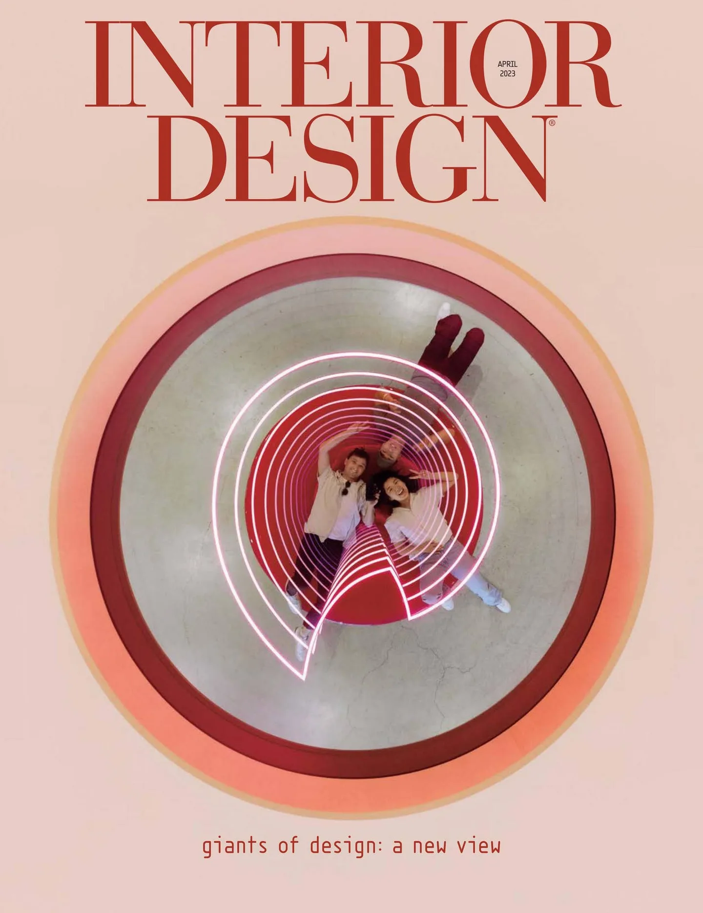 April 2023 Interior Design magazine cover showing an overhead view of Tinder HQ's circular pink illuminated seating installation.
