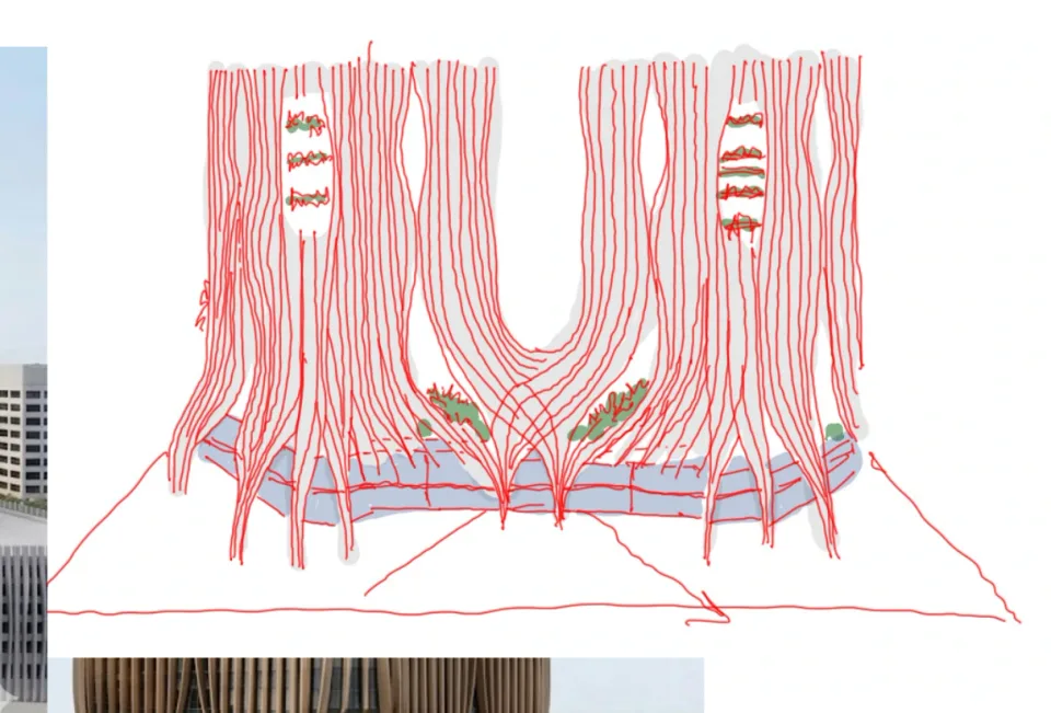 Departure: drawn facade lines and planting guide the next iteration.