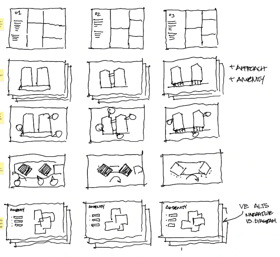 Early sketches test several relationships between building and ground.