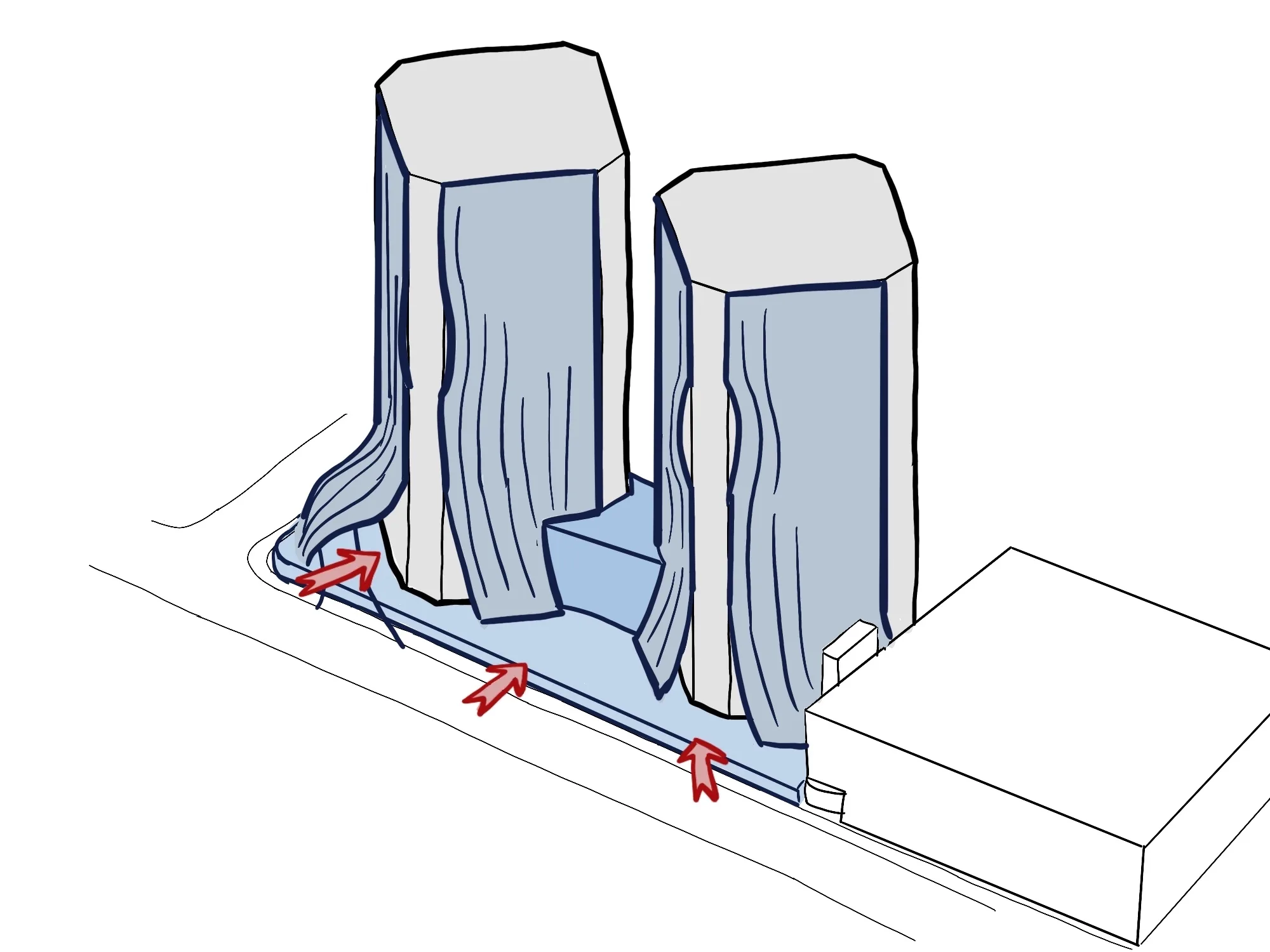 Massing sketch of two towers with arrows marking new pedestrian access.